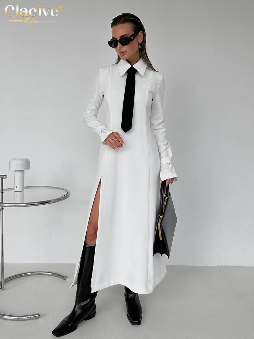 Clacive Fashion Slim White Office Dress Casual Lapel Long Sleeve Ankle Length Dress Elegant Classic Slit Dresses For Women 2024