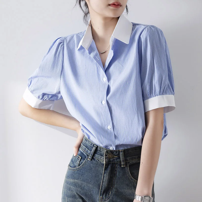 QOERLIN Professional OL Style Blue Striped Shirts Women Short Sleeve Single-Breasted Blouse Loose Casual Summer Button Down Tops