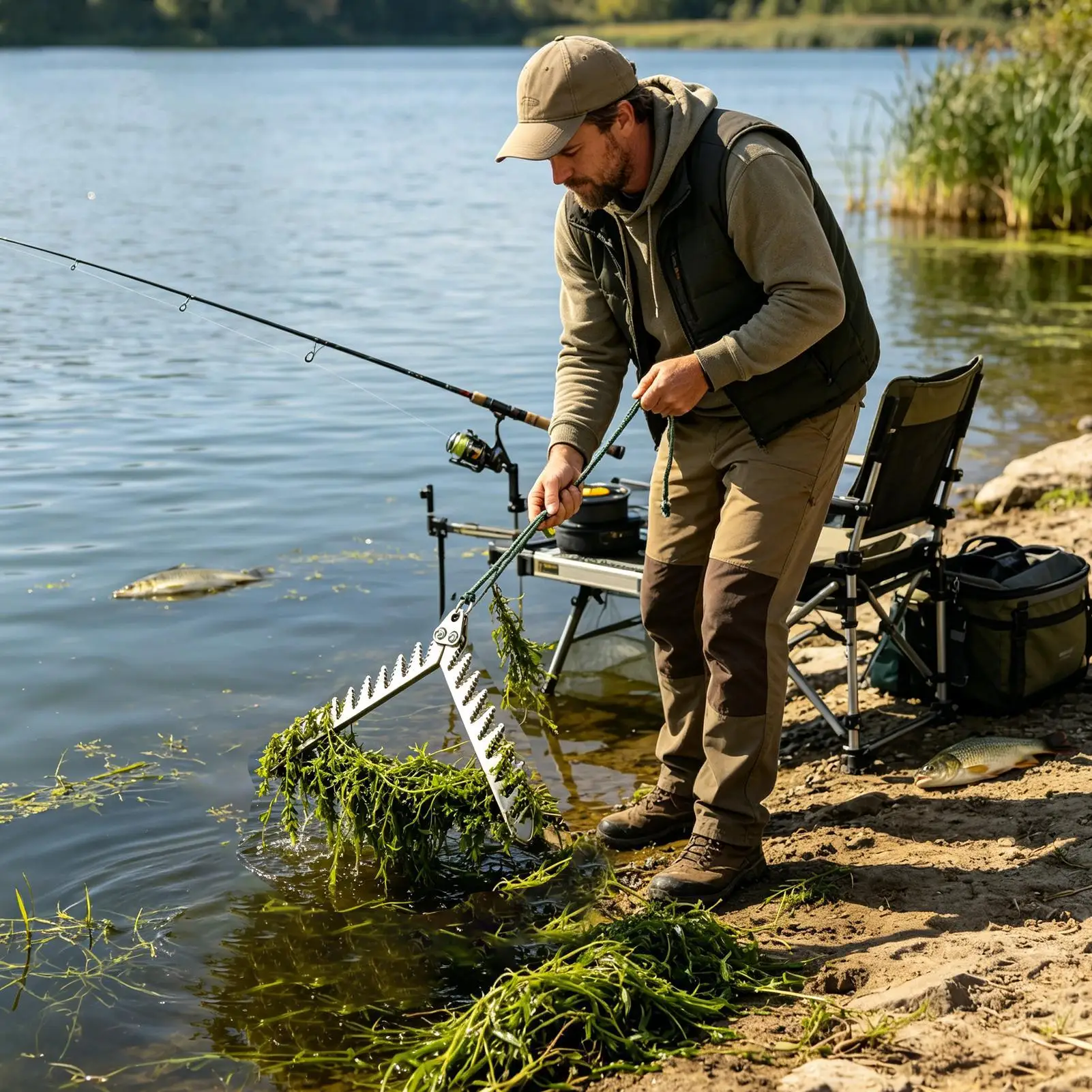 Pond Grass Cutter Foldable Serrated Grip Aquatic Plant Removal Tool With 65.6ft Rope Pond Grass Rake For Underwater Dock Canal