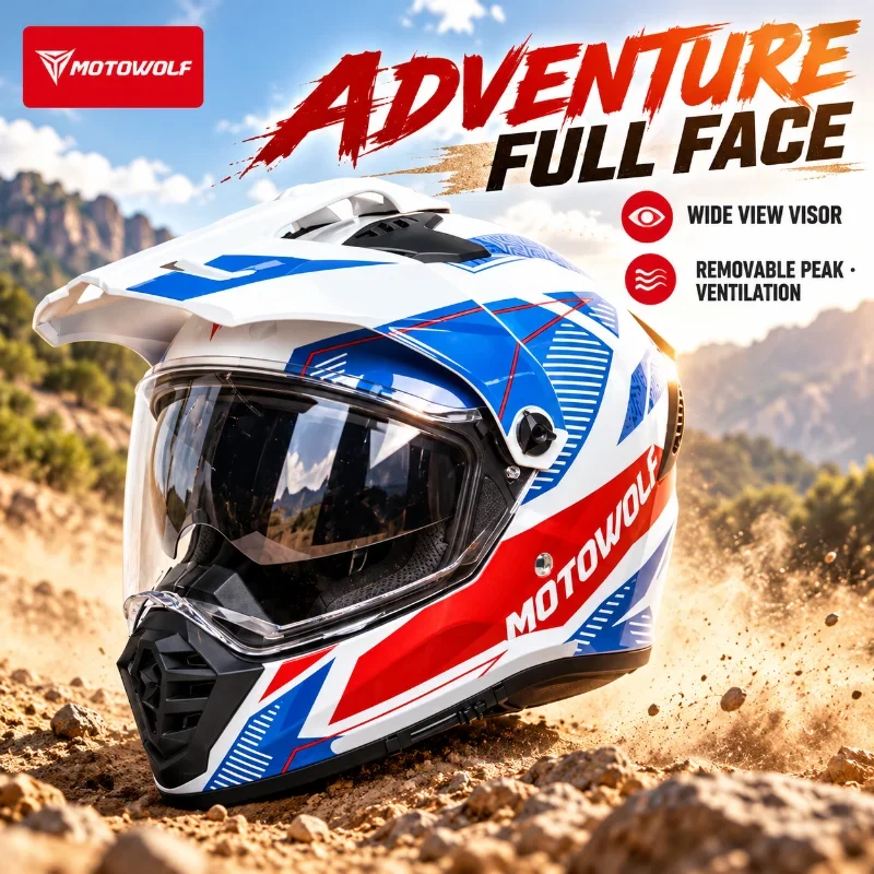 Motorcycle Motocross Adventure Full Face Helmet with Wide View Visor, Removable Peak and Ventilation