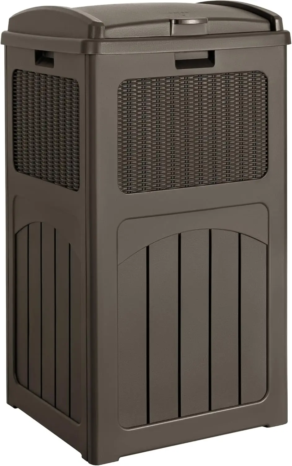 

33 Gallon Outdoor Trash Can with Hideaway Dual Lid, Waterproof Resin for Patio, Pool, Backyard, Deep Brown
