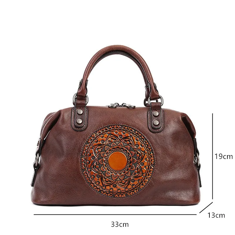 Johnature 2024 New Handmade Retro Totem Women Handbag Genuine Leather Versatile Casual Tote Real Soft Cowhide Shoulder Bags