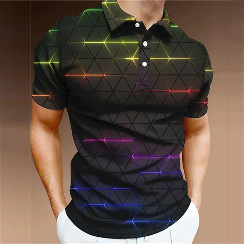 Cross Rack Graphic Polo Shirt For Men Geometric Plaid 3D Print T-Shirts Fashion Casual Oversized Street Lapel Tops Button Tees