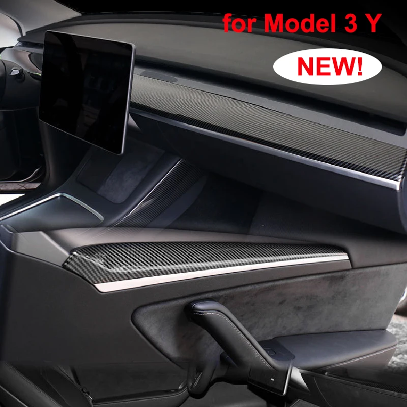 Center Console Trim Decor Cover For Tesla Model 3 Y 21-23 Dashboard Panel Wrap Door Side ABS Carbon Fiber Strip Style Mouldings