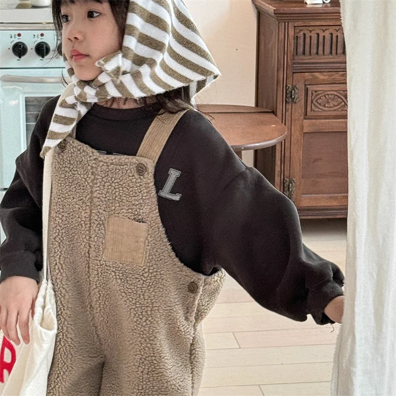 2024 Children\'s Clothing Autumn and Winter New Children\'s Korean Version Lamb Wool and Velvet Overalls for Girls and Boys Pants