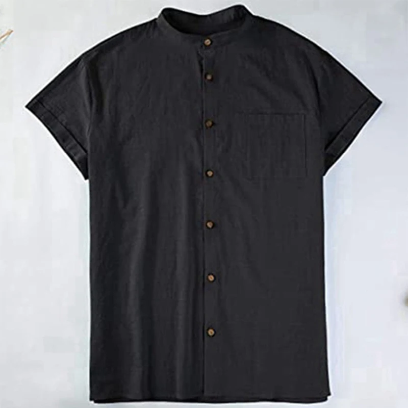 

Vintage Slim Shirts Men 2024 Summer Casual Solid Color Cotton Linen Shirt For Male Clothes Short Sleeve Button Stand Collar Tops