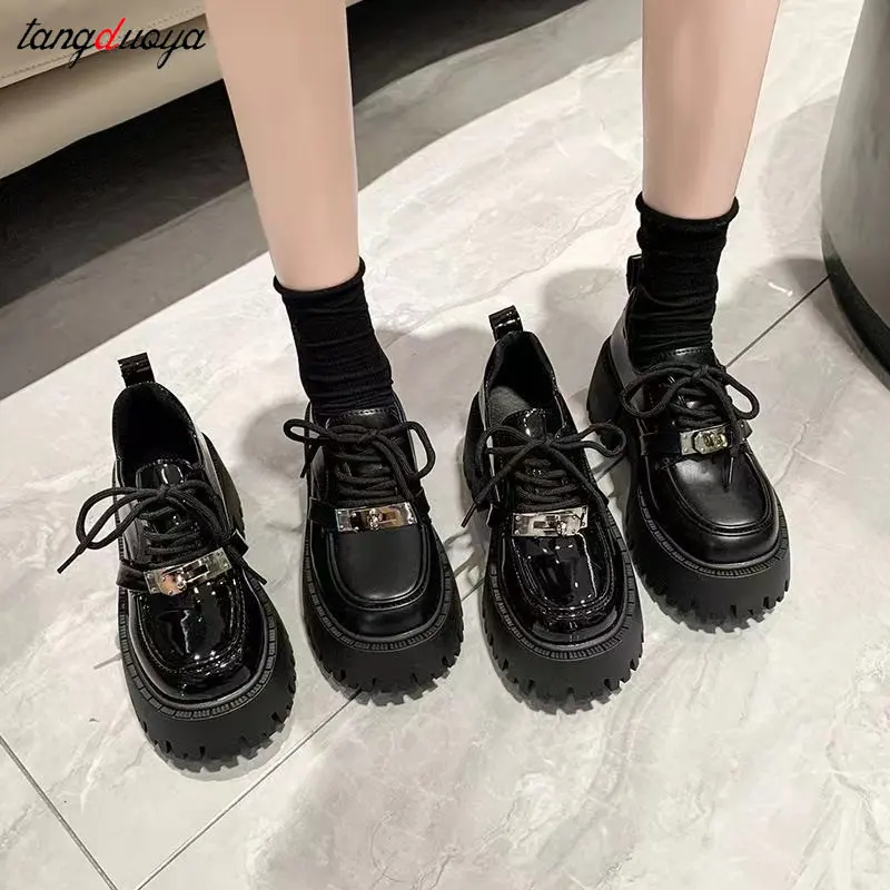 Women Shoes Leather Lace Up Oxford Shoes Thick Bottom High Heels Loafers Ladies Round Head Platform Punk Gothic Lolita Shoes