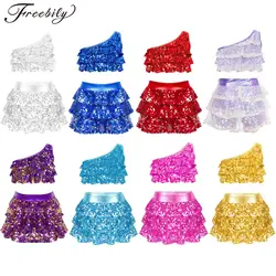 Kids Girls Jazz Dance Outfit Two Pieces Shiny Sequins Dancewear Sets Metallic Crop Top with Skirted Shorts Childs Party Costumes