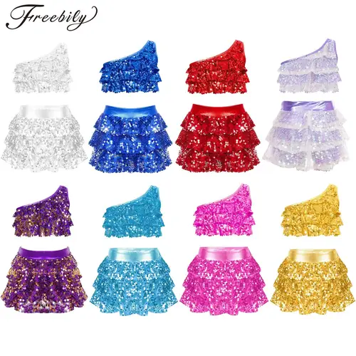 Traje de baile de Jazz para niñas, conjuntos de Ropa de baile de dos piezas con lentejuelas brillantes, Top corto metálico con pantalones cortos con falda, disfraces de fiesta para niños