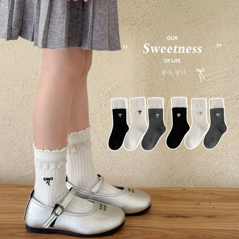 3pair/set Korean Style Girls Mid-Crew Socks Embroidered Bow Lace Trim Design Spring Autumn Cotton Princess Socks for Children