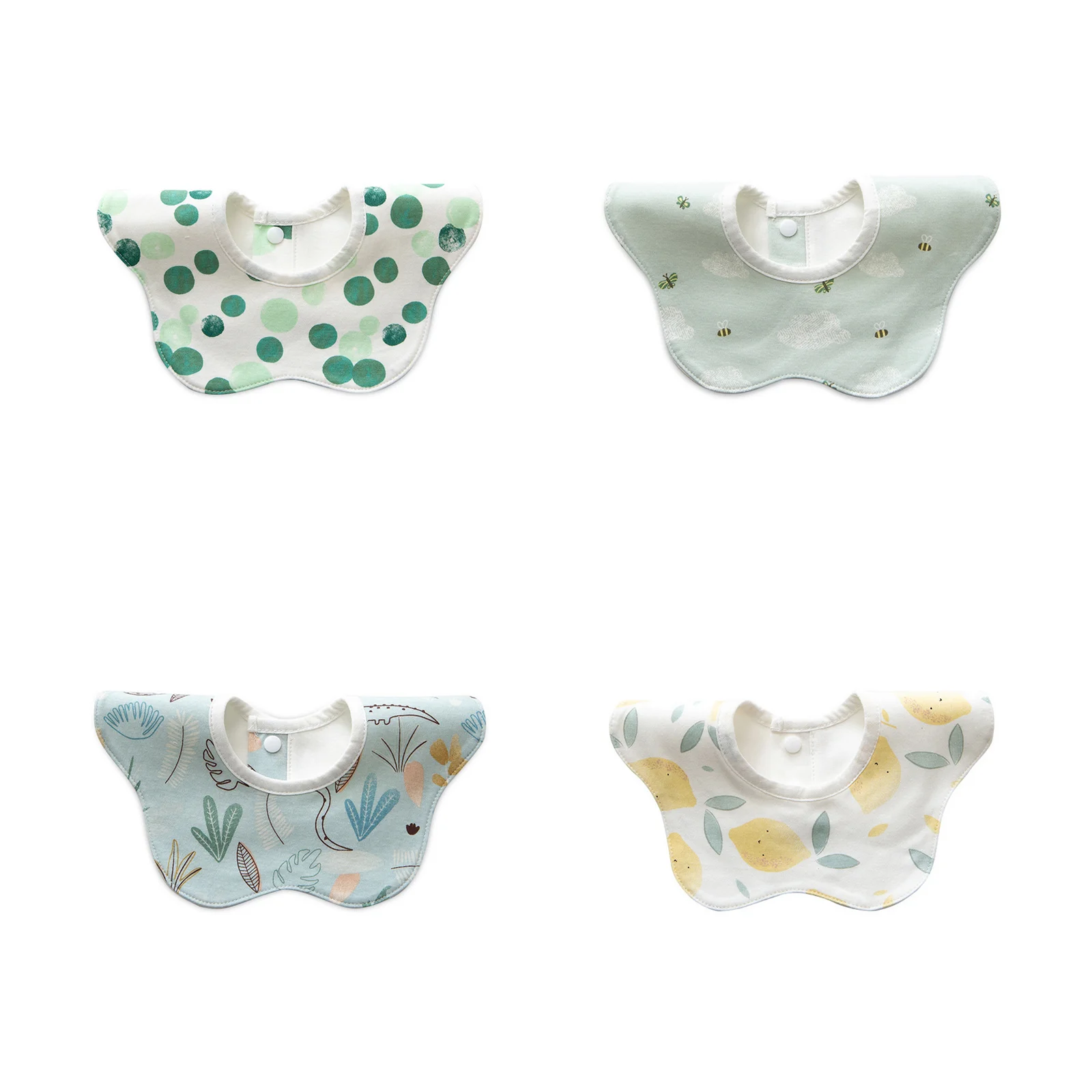 

Вращающийся на 360 градусов водонепроницаемый нагрудник из чистого хлопка, набор из 4 штук (по 1 штуке каждого: зеленый с точками + маленькая пчелка + лес + лимон)