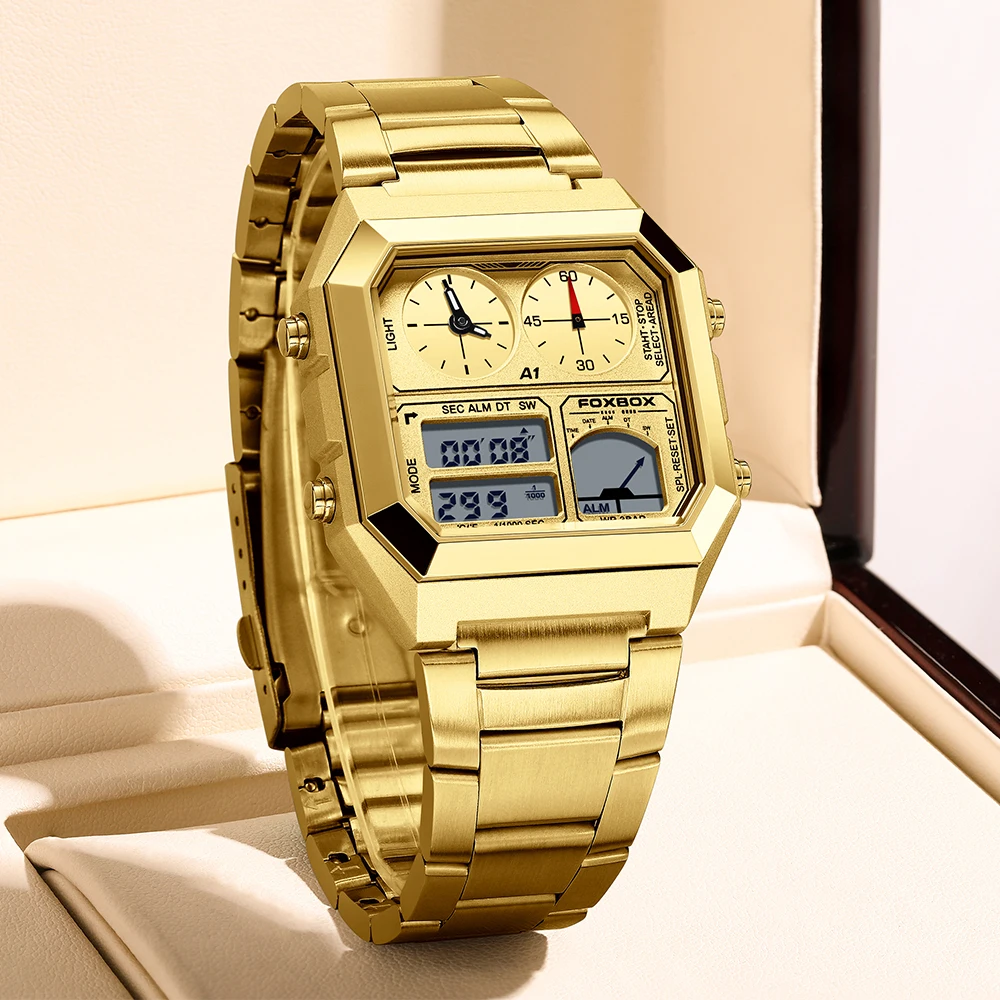 FOXBOX Luxury Man Watch Electronic Watches Square Quartz Watch LED Alarm Chronograph Gold Color Watches 30M Waterproof
