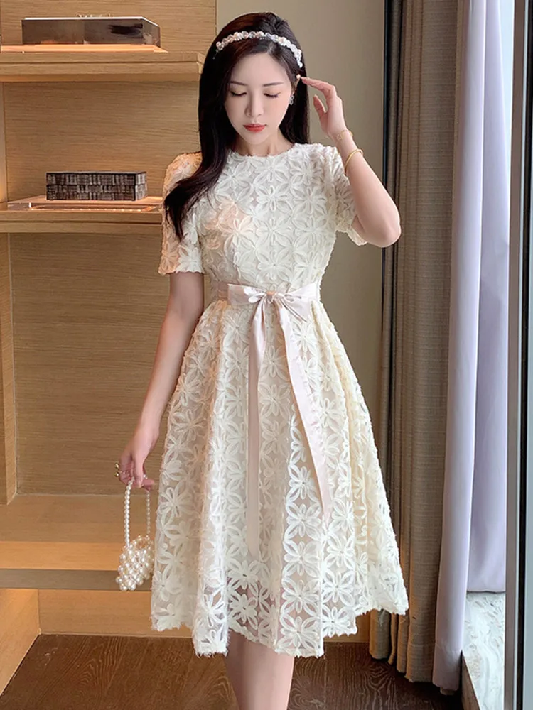 Elegant Mesh Embroidery Flower Summer Dress for Women 2024 New Casual Round neck Lace-up Slim Short Dress Women Clothing