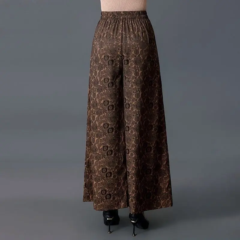 Calça feminina com impressão de seda gelo, cintura alta elástica, perna larga solta, até o tornozelo, moda casual, primavera e verão