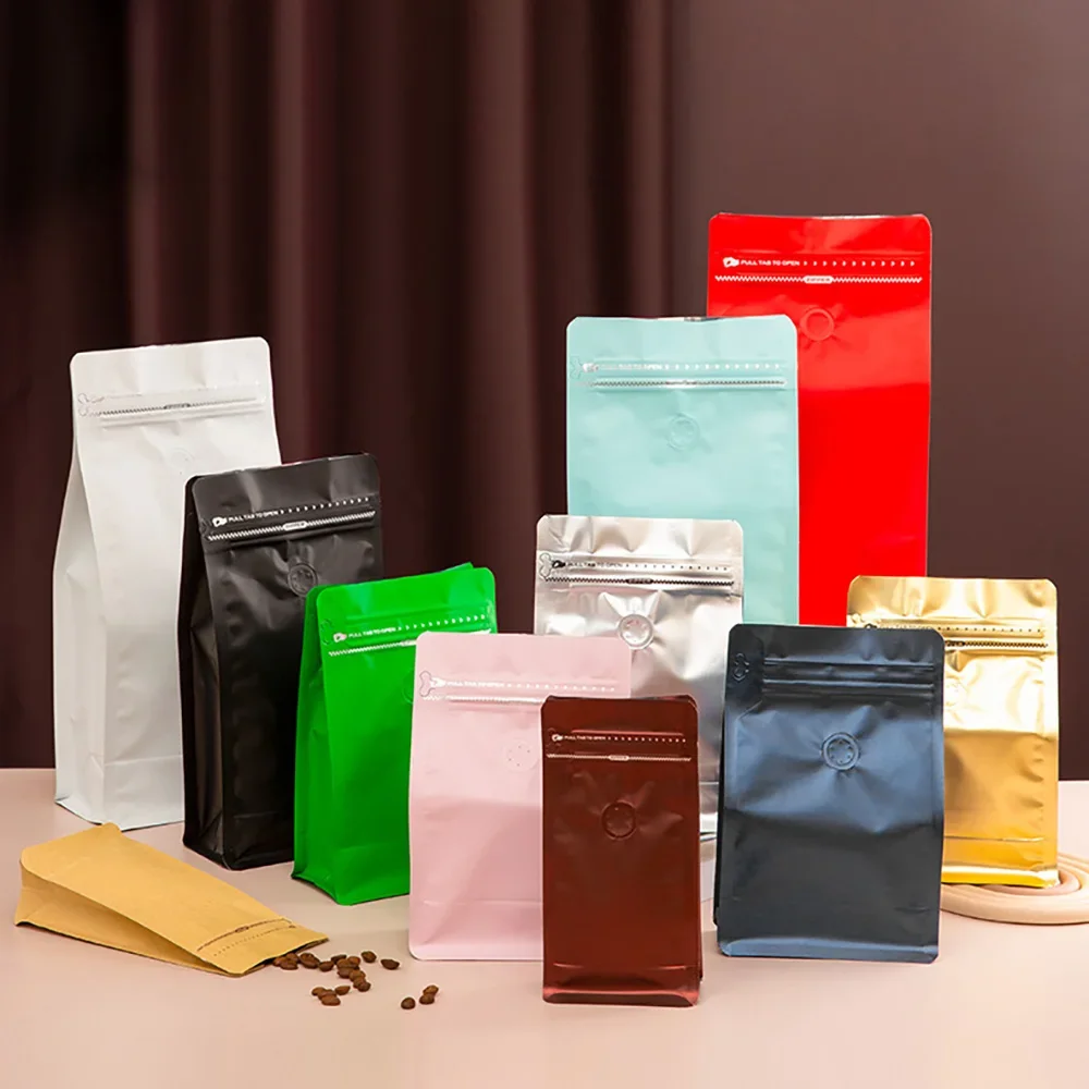 50pcs Reusable Dark Brown/Blue/Pink/Green Aluminum Foil Tea Coffee Grain Bag with Valve Smell Proof 250g 500g 1kg with Design