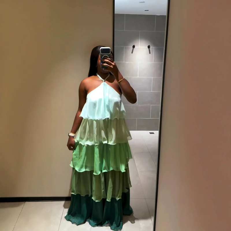 Neues Afrikanisches Mode-Sommerkleid für Damen Elegantes Neckholder-Kleid mit Rüschen und Patchwork Langes Kleid