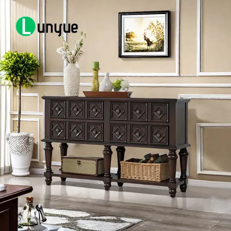French Retro Solid Wood Porch Cabinet with Roman Column and Rhombus Storage Antique Living Room American Light Luxury Dining