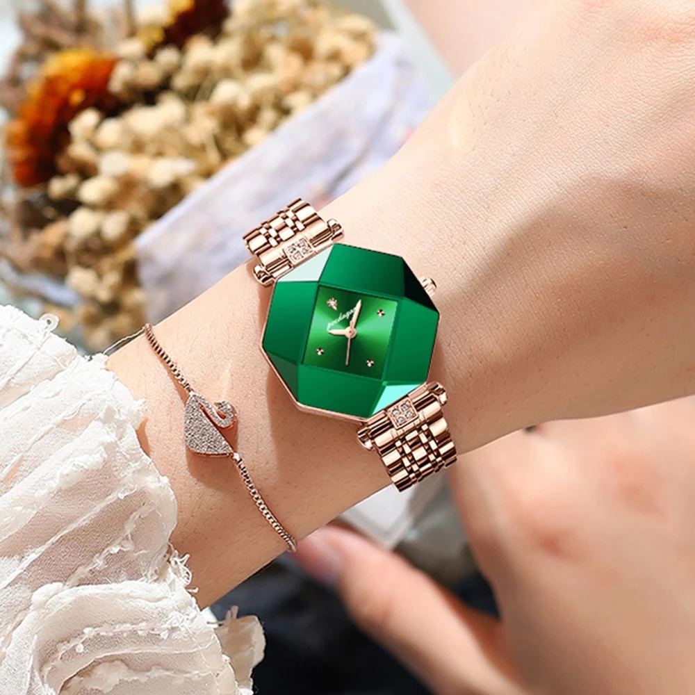 POEDAGAR Womens Watches Fashion Square Ladies Quartz Watch Leather Bracelet Green Dial Simple Luxury Women Watches Montre Femme