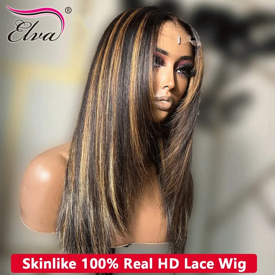 Elva Bone Straight 4/27 Highlight Omber Colored 13x6 Lace Frontal Wigs 5X5/6X6/7X7 Transaprent Lace Wig Pre Plucked 250 Density