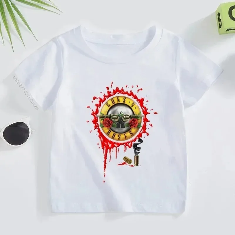 Cotton Casual 3T~ 14T Rock Band Gun N Rose Children\'s T-Shirt Boys and Girls Kpop Music Short Sleeve Top Children