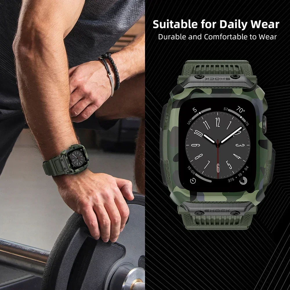 Army Camouflage Sport Case For Apple Watch 9 8 7 SE 6 Band 45 44mm 42 Waterproof Drop-Resistant Integrated Strap Mod Kit correa