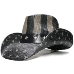 Star National Flag Band Women's Men's Unisex's Retro Hard Paint Straw Wide Brim Beach Cowboy Cowgirl Western Sun Hat