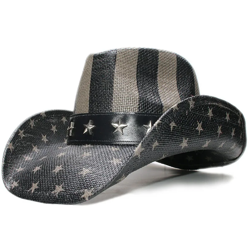 Gwiazda flaga narodowa zespół damska męska Unisex Retro twarda farba słoma szerokie rondo plaża kowbojska Cowgirl zachodnia niedz kapelusz