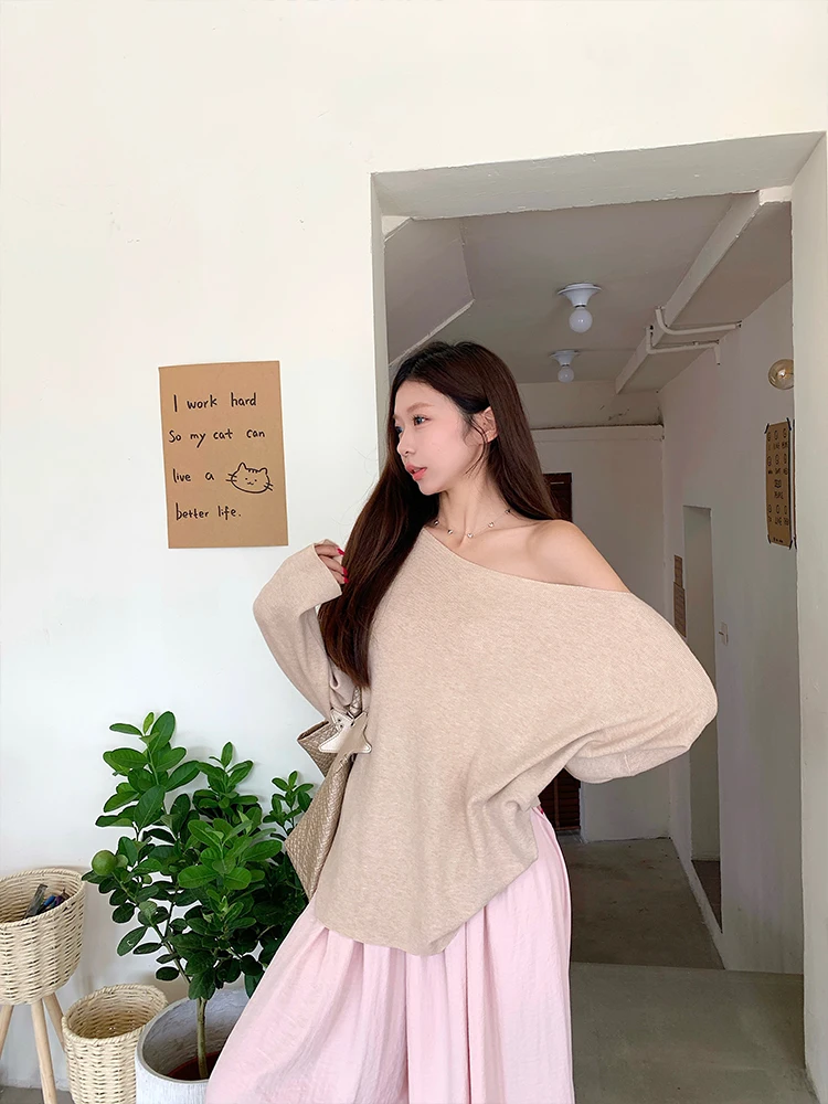 

MosesQueen Queen Moses Свободный длинный вязаный свитер с оulder Bared Тонкий осенний женский топ Faion Женский трикотаж премиум-класса