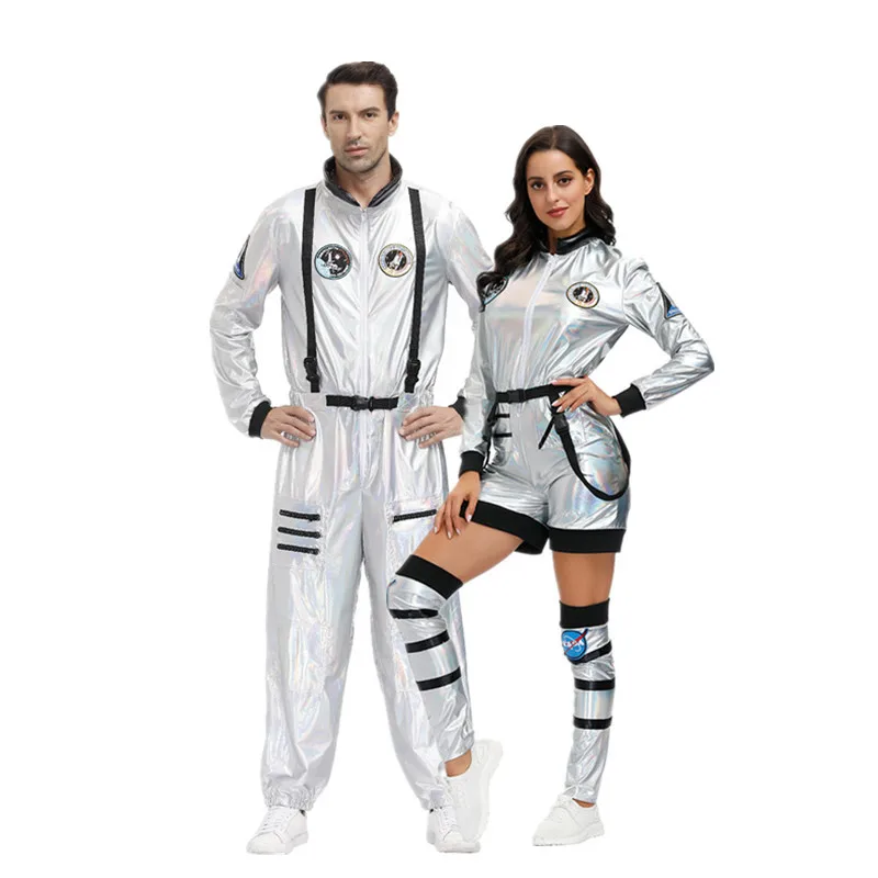 

Couples Astronaut Costume Adult Silver Spaceman Jumpsuits Space Suit for Women Man Halloween Party Fantasia Dress Up