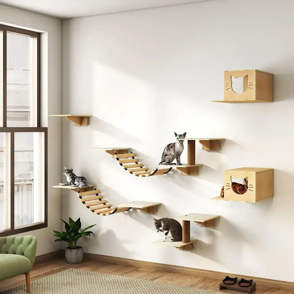 Large Wall-Mounted Cat Activity Center with Bridge, Scratching Post, and Natural Pine Shelves