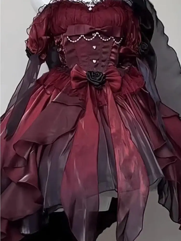 2025 كلمة واحدة طوق الرقبة القوس رقيق فساتين حفلات الأميرة الأسود والأحمر التغيير التدريجي الحلو عالية الخصر فستان الزفاف لوليتا