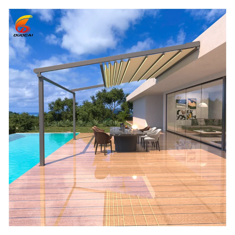 

Waterproof Outdoor Aluminum PVC Pergola Retractable Roof Awning Powder Coated Frame Mounted Wall Terrace Patio Covers