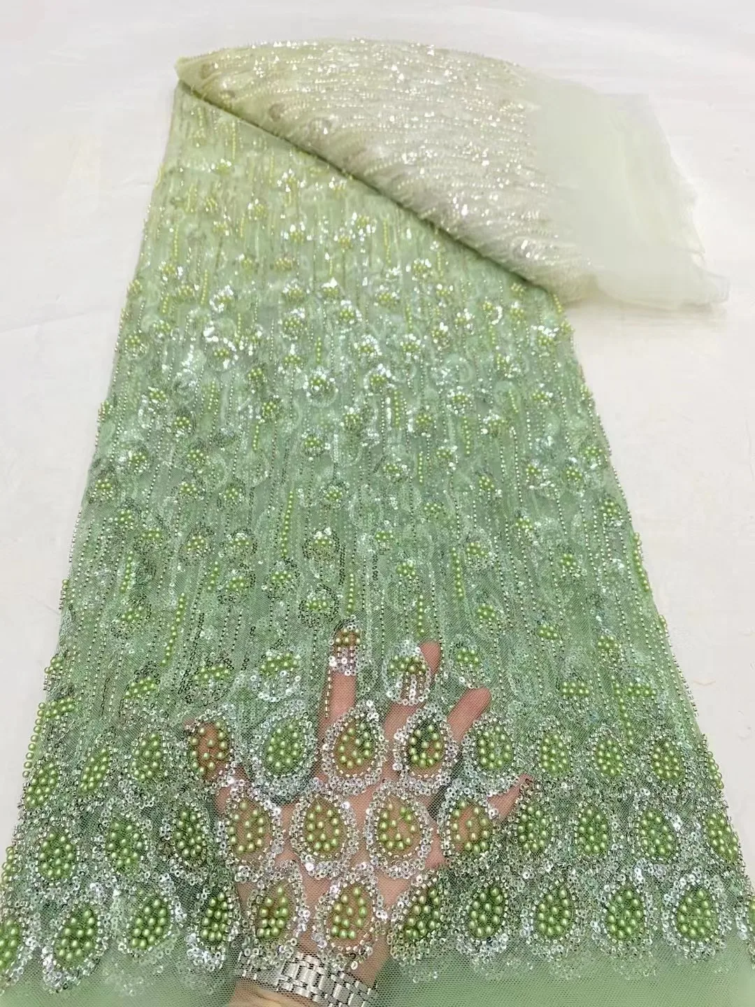 

2023 High Quality African Nigerian Tulle Lace Fabric Sequins Embroidery French Guipure Wedding Party Dress Beaded 5Yards