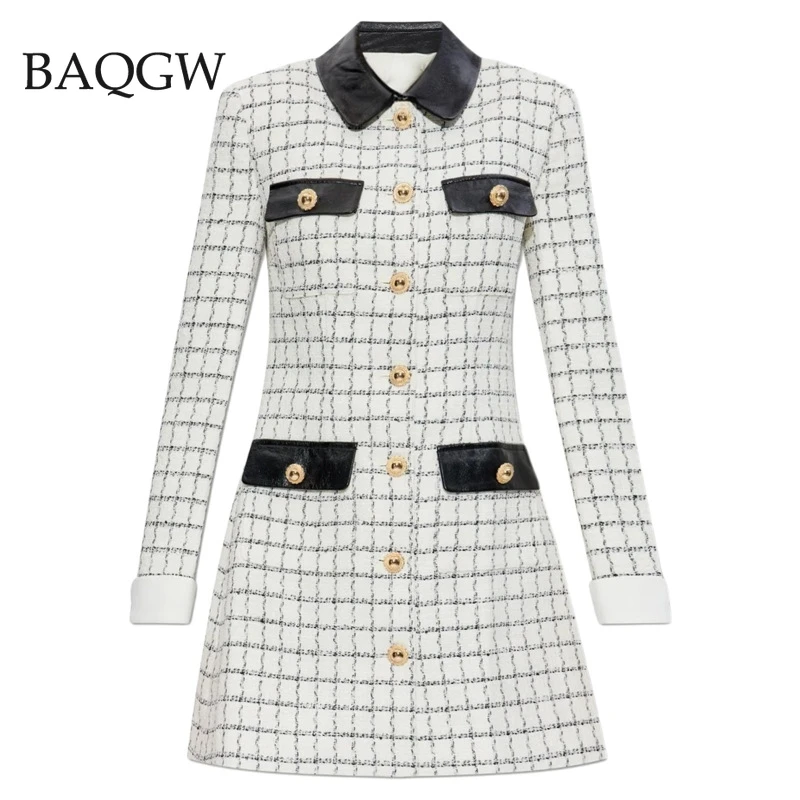 

2025 AW New Tweed Knitted White Grid Women Mini Dress With Pockets, Full Sleeve Turn-Down Collar A-Line Female Street Dress