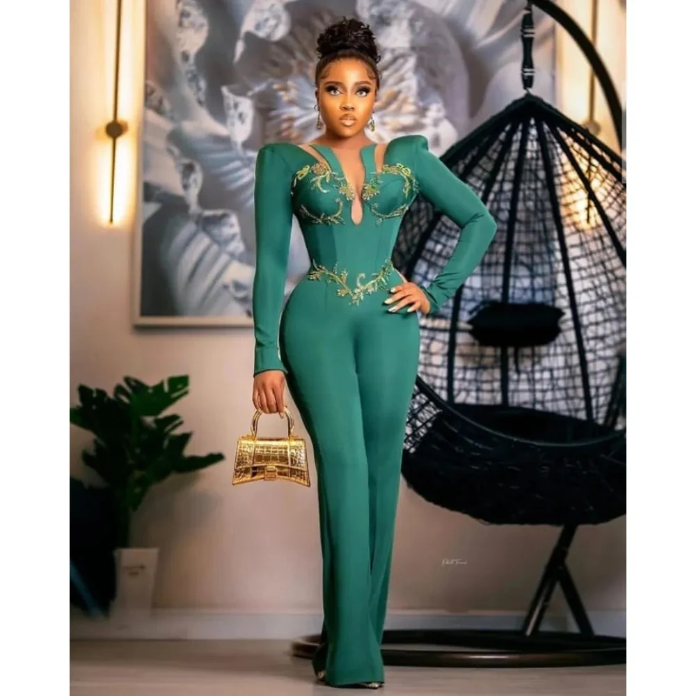 African Mother of Bridal Jumpsuits for Weddings Appliques Long Sleeves Tuxedo Formal Business Suits Elegant Pants Suit