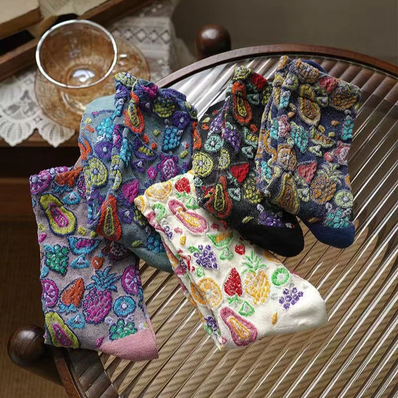 Ethnic Vintage Women Socks Korean Style Floral Embroidery Harajuku Retro Middle Tube Socks Multicolor Japanese Kawaii Cute Socks
