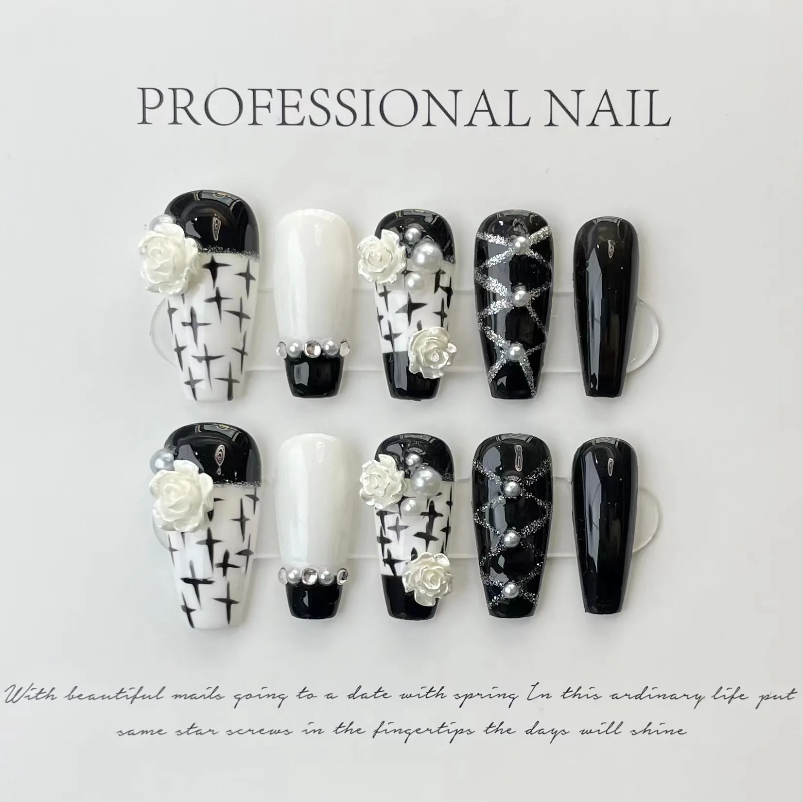 10pcs Handmade Press on Nail Black and White Camellia Nail art Sweet Cool Girl Style Rose Flower Decoration Wearable Fake Nails