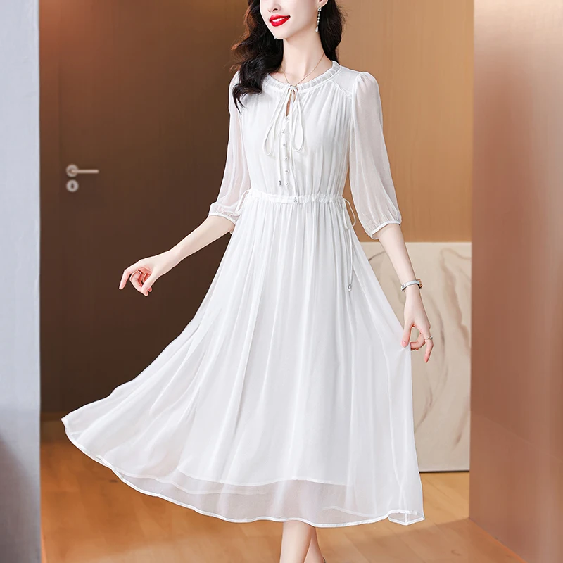 Boho White Silk Chic Appliques Midi Dress Women Summer Elegant Bodycon Ruffled Vestidos 2024 Korean Fashion Casual Solid Dress