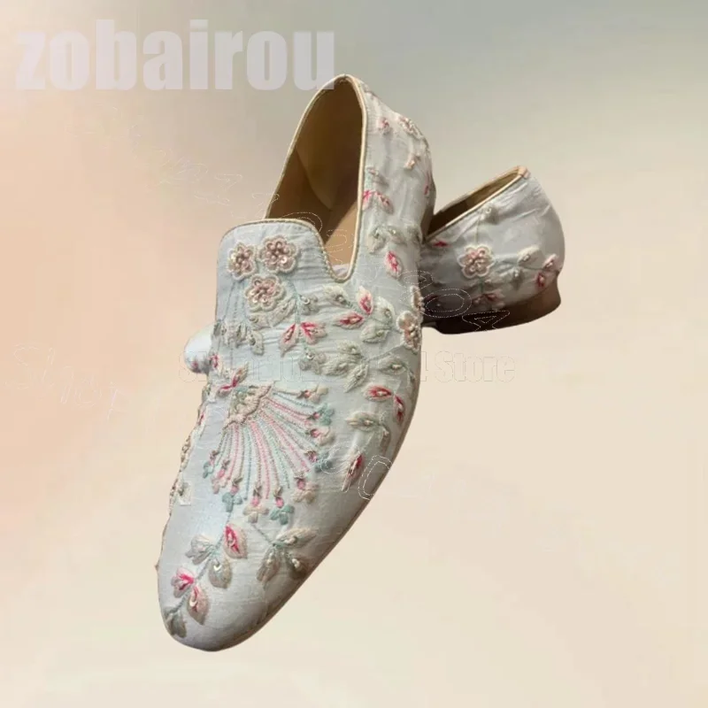 

White Floral Foliage Embroidery Design Loafers Fashion Slip On Men Shoes Luxurious Handmade Party Banquet Dating Men Dress Shoes