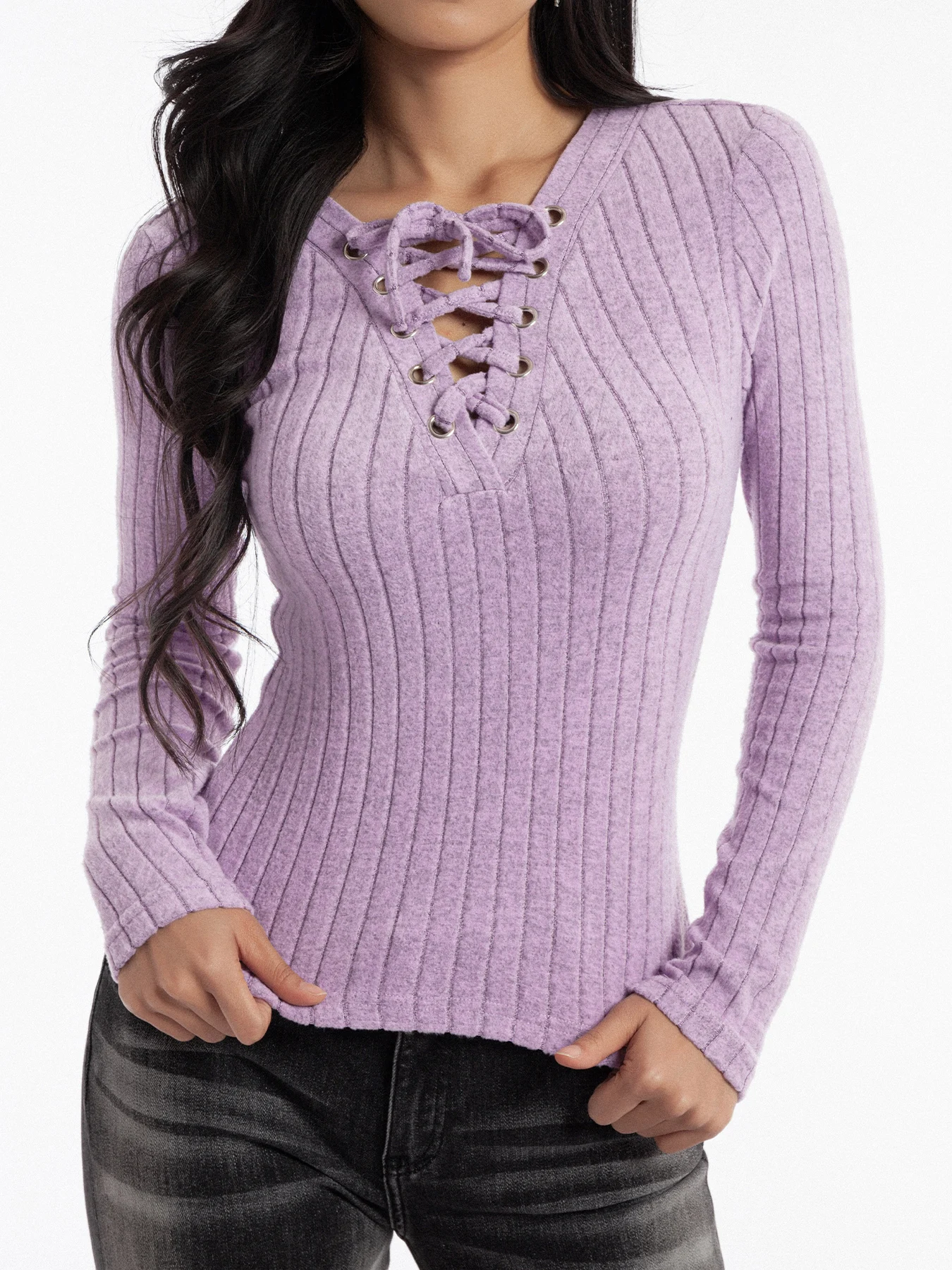 

Purple Cross-Tie Overhead Sweater Spring 2025 Sweet Long Sleeve Fuzzy Top Slim Fit Fashionable Elegant Valentine's Day Style