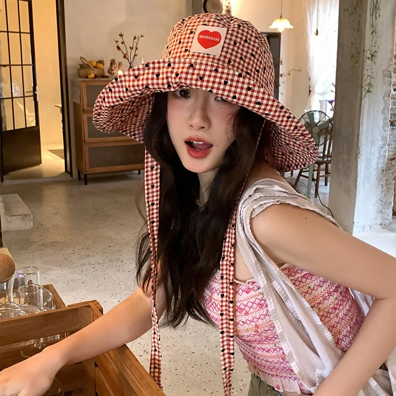 1pc Summer Grid Wide Arrival Love Fisherman's Hat with Plaid Large Brim Retro Literary Sunscreen Lightweight,foldable Panama Hat