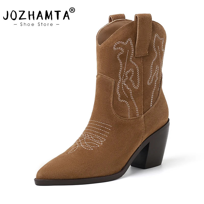 

JOZHAMTA Size 34-42 Cowboy Boots For Women Cowgirl Real Leather Vintage Chunky Heels Shoes Wide Calf Ankle Boots Casual Daily