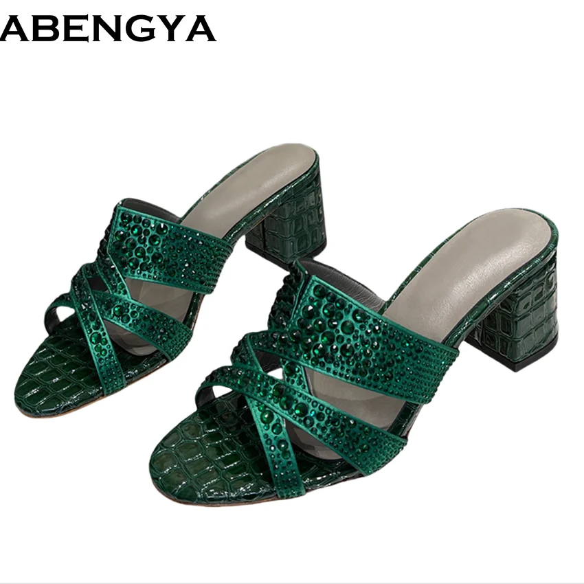

ABENGYA Blingbling Rhinestone High Heels Slippers Women's Open Toe Hallow Outs Rome Sandals Summer Party Shoes For Woman