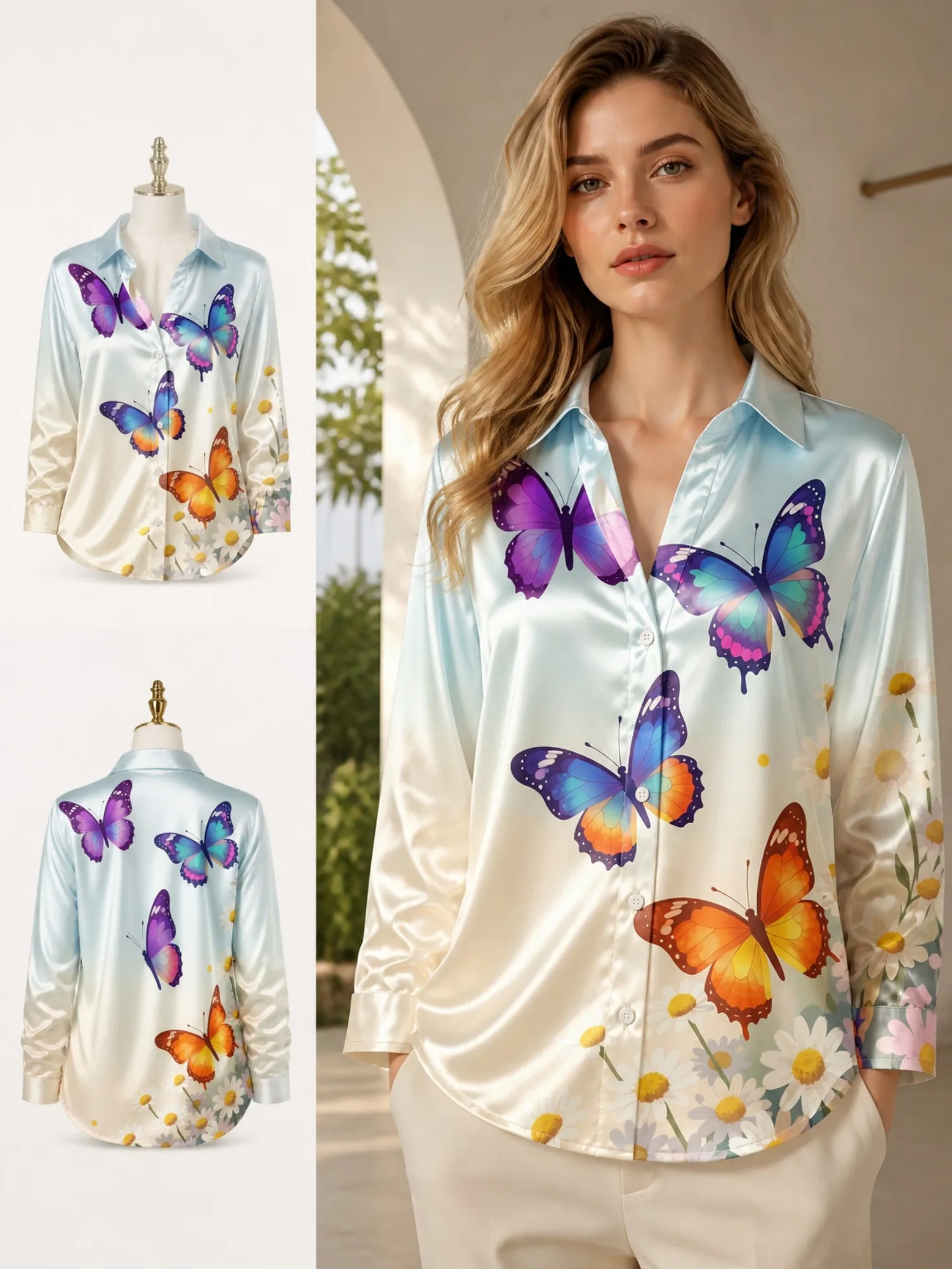Ivory Butterfly Satin Button Shirt for Women Daisy Floral Print Elegant Long Sleeve Blouse Soft Spring Garden Casual Top