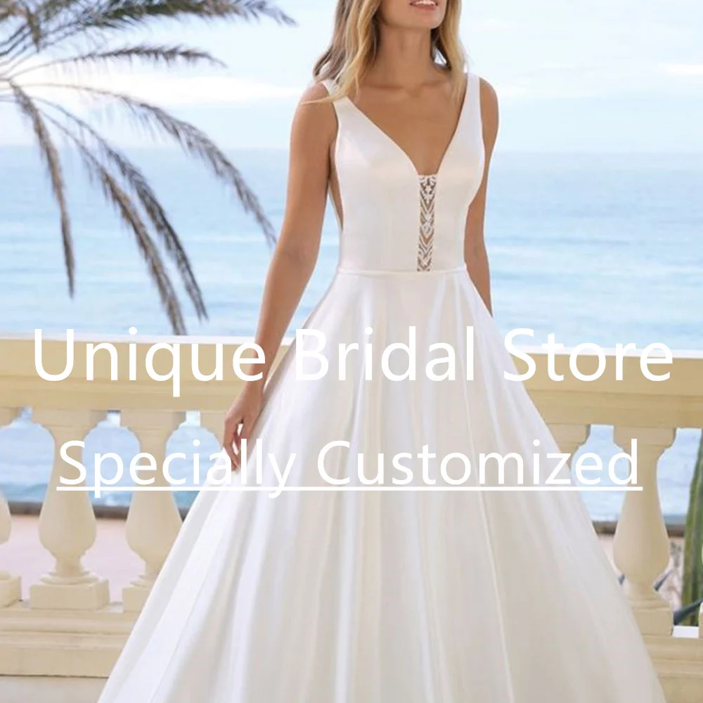 Customized UETTEY Satin Wedding Dress A-Line Deep V-Neck Sleeveless 2023 Lace Backless Button Women Draped Brush Train Vestido D