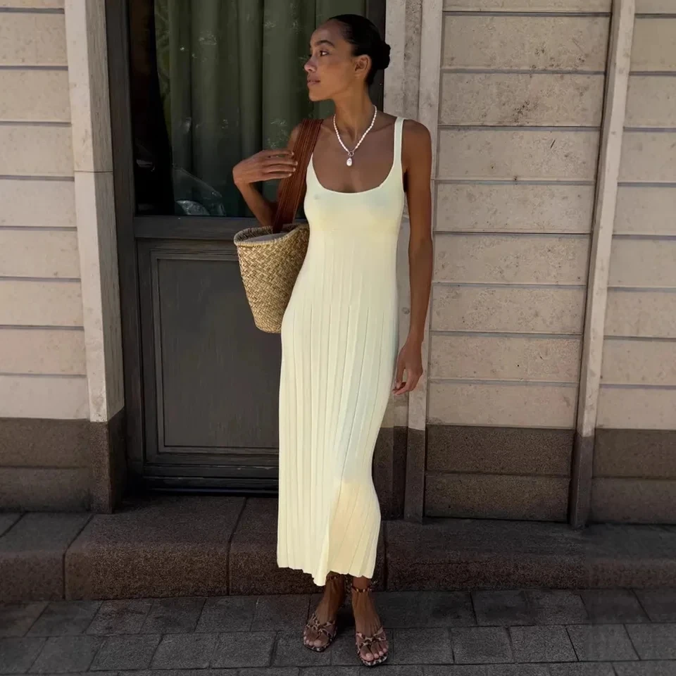 

2026 Spring Summer New Fashion Casual Lazy Vacation Square Neck Pleated Camisole Dress Women Long