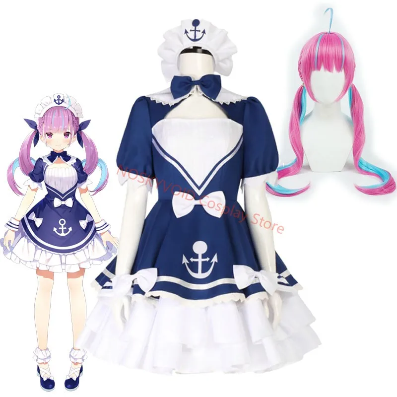 

Vtuber Minato Aqua, костюмы горничной для косплея, Hololive Aqua's Sailor, униформа, виртуальный якорь, парики, головные уборы, фартук для косплея, платье