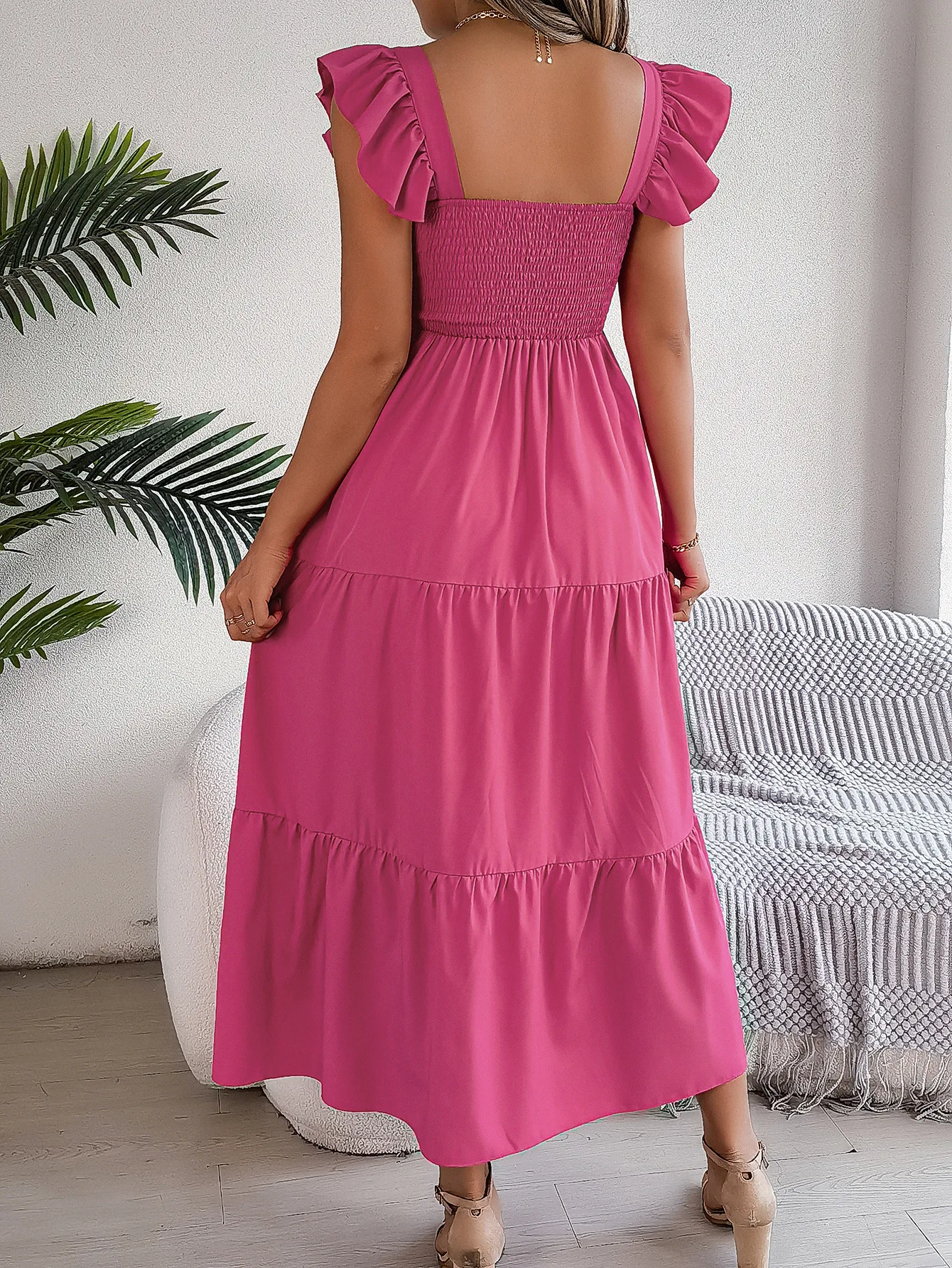 Summer Solid Color Square Neck Waist Collection Long Dress Elegant Women