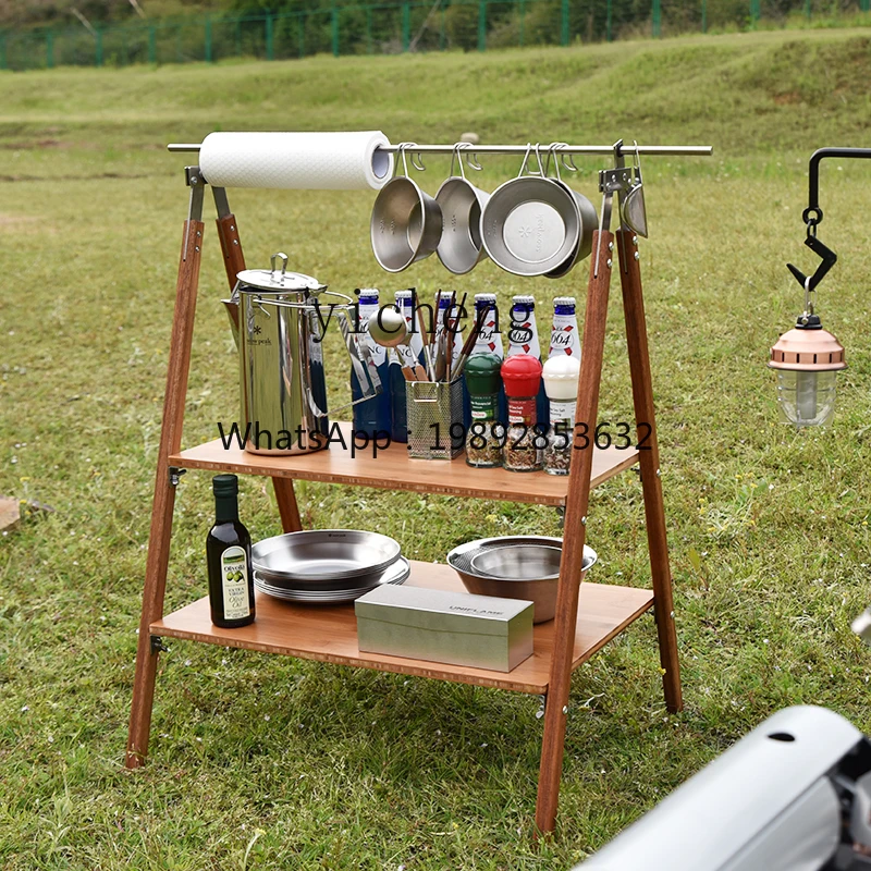Outdoor Camping Good-looking Double-Layer Solid Wood Storage Rack Picnic Barbecue Table Hanging