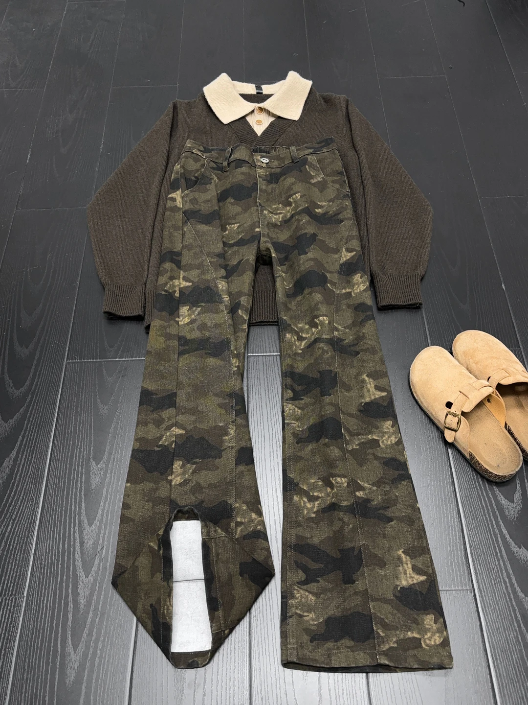

American Retro Camouflage Jeans Men's Slim Straight Leg Micro Flared Pants Spring Autumn High Street Workwear Trousers